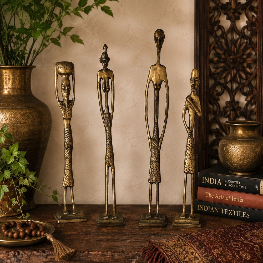 Vintage Brass Indian Tribal Figural Sculptures Set of 4 MCM Boho Decor